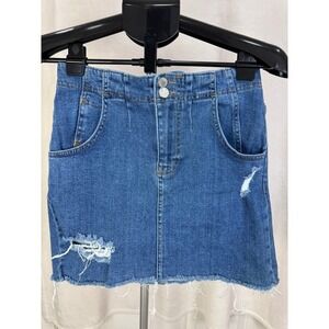 EUC Free People denim distressed pockets raw hem zipper button jean skirt Size 6